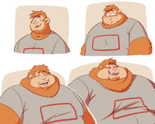 anthro belly belly_expansion big_belly big_cheeks blush brown_body brown_fur chubby_cheeks clothed clothing double_chin embarrassed expansion fur male moobs neck_rolls obese obese_anthro obese_male open_mouth open_smile overweight overweight_anthro overweight_male smile solo weight_gain rome_(artist) haplorhine mammal monkey new_world_monkey primate hi_res sequence