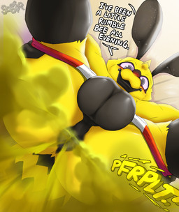 antennae_(anatomy) anthro anus arthropod_abdomen balls bed big_balls big_butt black_balls black_body black_eyes black_fur blush butt clothed clothing dialogue fart fart_cloud fart_fetish farting_male fur furniture genitals holidays humor legs_up lying male male_farting mandibles multicolored_body multicolored_fur on_back on_bed partially_clothed presenting presenting_anus presenting_balls presenting_hindquarters pun purple_sclera raised_leg simple_background solo spread_legs spreading stinger stinger_tail suggestive suggestive_pose tail text underwear underwear_down yellow_body yellow_fur soomir canada_day hectar_(soomir) arthropod bee hymenopteran insect 2026 absurd_res english_text hi_res