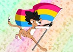 absurd_res anthro arty_(midnightmeowth) cheetah digital_media_(artwork) felid feline flag flag_(object) fur hair hi_res holding_flag holding_object lgbt_pride male mammal markings midnight_meowth pansexual_pride_colors pawpads pride_color_flag pride_colors smile solo spots spotted_body tail