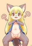 anthro anus blonde_hair blush bottomless clitoris clothed clothing clothing_lift crouching cute_fangs dress dress_lift fangs female flat_chested genitals hair humanoid_genitalia humanoid_pussy innie_pussy loli naive navel open_mouth presenting presenting_pussy pussy question_mark red_eyes solo spread_legs spreading teeth young young_anthro young_female hirame42 futaba_channel akuma_gaoru canid canine canis mammal wolf absurd_res hi_res