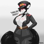 anthro big_breasts breasts clothed clothing female fluffy fluffy_tail huge_breasts military military_uniform necktie open_clothing open_shirt open_topwear shirt simple_background solo tail text topwear uniform okioppai shadow_(shadow_wolfe5968) canid canine canis mammal wolf 1:1