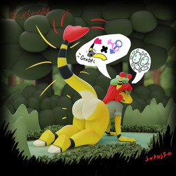 all_fours antennae_(anatomy) anthro beret bottomless bottomless_female butt clothed clothing egg exhibitionism eyewear female female_symbol forest forest_background gender_symbol gender_symbol_penetration genitals glasses green_clothing green_jacket green_topwear hair hat headgear headwear impregnation_request jacket lewd_symbolism looking_at_viewer looking_back looking_back_at_viewer male_symbol nature nature_background outside plant presenting presenting_hindquarters raised_tail red_hair requesting sex_request smile solo speech_bubble symbol tail tail_grab topwear tree vulva siakstuff nintendo pokemon ampharos generation_2_pokemon pokemon_(species) 1:1 3d_(artwork) digital_media_(artwork) hi_res