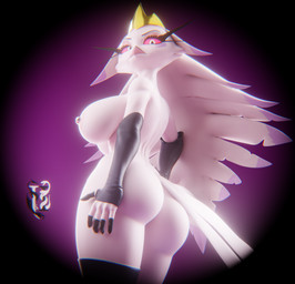 anthro armwear barbell_piercing beak big_breasts big_butt black_armwear black_clothing black_elbow_gloves black_fingerless_gloves black_fingers black_gloves black_handwear black_legwear black_thigh_highs breasts butt clothing crown elbow_gloves eyelashes eyeshadow feather_hair feathers female fingerless_gloves gloves hand_on_leg hand_on_own_leg hand_on_own_thigh hand_on_thigh handwear headgear legwear long_eyelashes looking_at_viewer low-angle_view makeup nipple_barbell nipple_piercing nipples non-mammal_breasts non-mammal_nipples piercing pink_beak pink_eyeshadow pink_sclera pseudo_hair purple_background rear_view simple_background solo standing tail tail_feathers thigh_highs white_body white_eyes white_feathers wide_hips impaer_jaster valorlynz_(modeler) hellaverse helluva_boss stella_(helluva_boss) anatid anseriform anserine avian bird bird_demon demon swan 3d_(artwork) digital_media_(artwork) hi_res watermark
