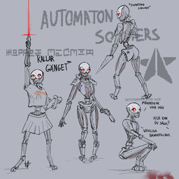 ambiguous_gender bisexual_pride_colors blade blade_arm blood bodily_fluids bottomwear clothing crop_top crouching digitigrade femboy front_view group gun holding_gun holding_object holding_ranged_weapon holding_weapon laser laser_beam lgbt_pride machine pleated_skirt pride_colors ranged_weapon rear_view red_eyes shirt shooting shoulder_pads side_view skirt slim solo standing suggestive synthetic_muscles text topwear weapon ellathefoxy helldivers ikea blahaj commissar_(helldivers) trooper_(helldivers) automaton humanoid robot robot_humanoid 1:1 english_text hi_res multiple_scenes sketch sketch_page swedish_text