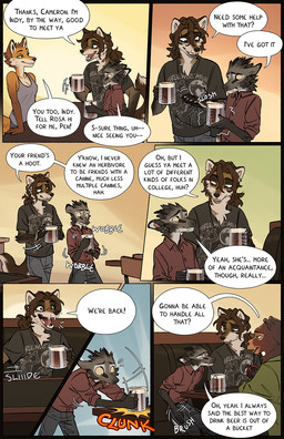 anthro beer_mug biped black_nose booth_seating breasts brown_body brown_eyes brown_fur canine_teeth chair cheek_tuft clothed clothed_anthro clothing container cup dialogue duo facial_tuft female fluffy fluffy_tail fur furniture glass glass_container glass_cup grey_body grey_fur group head_tuft holding_beer_mug holding_container holding_cup holding_object male orange_body orange_fur pointy_ears prick_ears sitting snout speech_bubble standing table tail tan_body tan_fur text trio tuft tusks walking yellow_sclera falco_works cameron_(falco_works) indy_(justroadkill) pen_(falco_works) bear canid canine canis cervine coyote deer fox mammal tufted_deer 2025 comic digital_media_(artwork) english_text hi_res