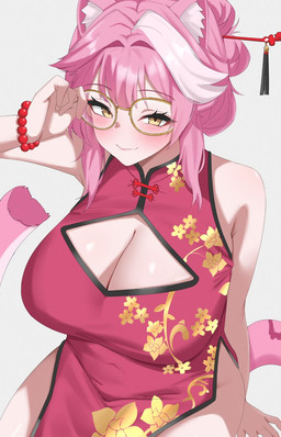 asian_clothing belly big_breasts blush blush_lines bracelet breasts chinese_clothing chinese_dress cleavage_cutout clothing cutout dress east_asian_clothing eyewear female glasses hair highlights_(coloring) inner_ear_fluff jewelry navel_outline pink_ears pink_hair pink_tail red_bracelet red_clothing red_dress solo tail thick_thighs tuft white_highlights white_inner_ear_fluff wide_hips yellow_eyes yellow_eyewear yellow_glasses ybpac18 hololive hololive_en vtuber raora_panthera animal_humanoid felid felid_humanoid humanoid mammal mammal_humanoid pantherine pantherine_humanoid hi_res
