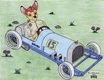 anthro anthrofied car clothing colored_pencil driving flower grass inside_car inside_vehicle male outside paper plant race_car rock solo vehicle young young_anthro buick_skylark bambi_(film) disney bambi deer mammal mule_deer new_world_deer colored_pencil_(artwork) hi_res traditional_media_(artwork)