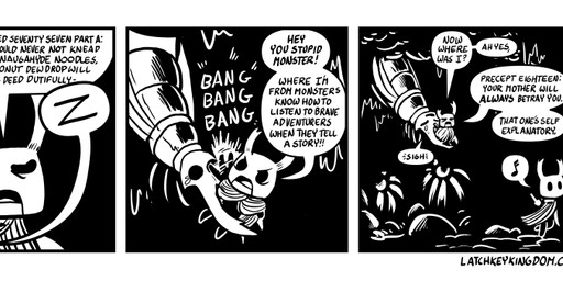 2_horns 3_panel_comic ambiguous_gender black_eyes black_text bodily_fluids cloak clothing dialogue exclamation_point eyes_closed feral group horn melee_weapon motion_lines musical_note musical_symbol nail_(weapon) open_mouth question_mark sleeping sound_effects speech_bubble symbol talking_to_another tears text tongue trio vowelless vowelless_sound_effect weapon weapon_on_back white_text zzz p5ych hollow_knight_(franchise) team_cherry the_knight_(hollow_knight) zote_(hollow_knight) arthropod vessel_(species) artist_name black_and_white comic english_text monochrome url male_(lore)
