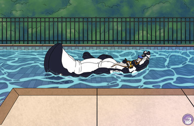 grin hug inflatable nozzle permanent_smile pool_toy relaxing size_difference smile swimming swimming_pool tail hyperchibiabsol animate_inanimate living_inflatable living_pool_toy mammal mammal_taur mephitid mephitid_taur mustelid otter skunk skunk_taur taur absurd_res hi_res