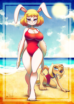 3_toes anthro beach big_breasts blonde_hair blush bodily_fluids breasts brown_body clothing crouching duo feet female front_view hair looking_up one-piece_swimsuit outside sand smile sweat swimwear tail toes walking water white_body vaporotem brandy_and_mr._whiskers disney one_piece brandy_harrington carrot_(one_piece) canid canine canis domestic_dog lagomorph leporid mammal rabbit 2025 hi_res