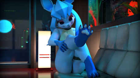 anthro arm_markings bedroom_eyes blue_body blue_hair blue_nose breasts bridge clothing eyeshadow feet female foot_focus fur fur_markings furniture hair hand_markings holding_leg inside lamp leg_grab leg_markings legs_up legwear lipstick long_hair makeup markings narrowed_eyes nature nature_background pawpads paws plant red_eyeshadow red_lipstick reflection seductive socks_(marking) sofa soles solo sweater toes topwear turtleneck window toridachi nintendo pokemon eeveelution generation_4_pokemon glaceon pokemon_(species) 16:9 3d_(artwork) blender_(artwork) blender_cycles_(artwork) digital_media_(artwork) hi_res widescreen