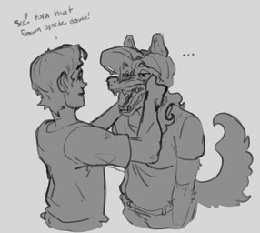 anthro bottomwear clothed clothed_anthro clothed_female clothed_male clothing dialogue duo ellipsis female finger_in_mouth forced_smile fully_clothed fully_clothed_anthro fully_clothed_female fully_clothed_male fur hair half-closed_eyes hands_on_mouth looking_at_another male narrowed_eyes open_mouth pants shirt simple_background tail text topwear white_background lockheed_martini lyudmila_(lockheed_martini) nate_(lockheed_martini) canid canine canis human mammal wolf 2025 digital_media_(artwork) english_text hi_res monochrome