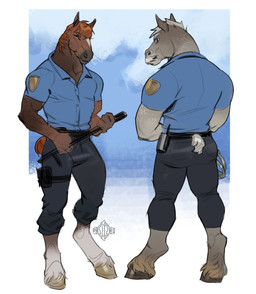 anthro clothing duo facial_hair male muscular muscular_anthro muscular_male mustache police police_officer police_uniform uniform uniformed_male selezneva equid equine horse mammal absurd_res hi_res sketch