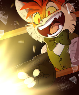 anthro broken_glass clothing glass gun insane laugh male necktie open_mouth ranged_weapon scene_interpretation sharp_teeth solo teeth topwear weapon year jcgieafe lackadaisy calvin_mcmurray domestic_cat felid feline felis mammal 2023 digital_media_(artwork) hi_res signature watermark