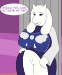 anthro big_breasts bodily_fluids breasts clothed clothing female genital_fluids genitals looking_at_viewer mature_anthro mature_female presenting presenting_pussy pussy solo upskirt vaginal_fluids enroshiva undertale undertale_(series) toriel bovid caprine goat mammal hi_res