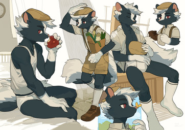 5_fingers anthro apple bed bedding biped black_body black_fur bodily_fluids bottomwear bread brown_bottomwear brown_clothing brown_footwear brown_shoes brown_shorts claws clock clothed clothing cloud collared_shirt curtains dress_shirt eating_apple eyes_closed fangs fingers fluffy fluffy_tail food footwear fruit fur furniture groceries grocery_bag hat headgear headwear holding_apple holding_bag holding_cap holding_clothing holding_food holding_footwear holding_fruit holding_object holding_shoes inside light male male_anthro newsboy_cap on_bed onion open_clothing open_mouth open_shirt open_topwear outside pickle_(food) plant polishing red_eyes shirt shoe_shiner shoes shorts shrub sitting sitting_on_bed sky socks solo standing suspenders sweat tail teeth topwear undershirt underwear vegetable white_bedding white_clothing white_dress_shirt white_footwear white_shirt white_socks white_topwear white_underwear window milkybot animal_crossing nintendo kicks_(animal_crossing) ambient_arthropod ambient_butterfly ambient_insect mammal mephitid skunk digital_media_(artwork) hi_res multiple_images