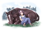 ambiguous_gender brown_body brown_fur brown_hair clothed clothing duo female feral footwear fur grass hair highlights_(coloring) overalls plant purple_eyes shoes tonpuu cygames uma_musume_pretty_derby special_week_(pretty_derby) animal_humanoid equid equid_humanoid equine equine_humanoid horse horse_humanoid humanoid mammal mammal_humanoid 2023