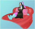 anthro bed big_breasts blonde_hair breasts clothing female furniture hair inflatable latex lying nun nun_habit pillow religious_clothing solo poiuytrew sofi_(aygee) animate_inanimate canid living_inflatable living_latex mammal