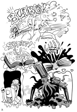 ambiguous_gender anthro armwear big_eyes black_border book border breasts chef_hat clothed clothing dress elbow_gloves explosion female fingerless_gloves fingers fully_clothed gloves group hair hair_over_eye handwear hat headgear headwear holding_book holding_object lips sharp_teeth slim snout standing summoning surprised tail teeth tentacles text thick_thighs trio lobsteritus ayo_(lobsteritus) rosebud_(lobsteritus) aquatic cephalopod coleoid eldritch_being fish human mammal mollusk octopodiform octopus shark 2026 clip_studio_paint_(artwork) comic dated digital_media_(artwork) english_text greyscale hi_res monochrome trans_(lore) trans_woman_(lore)