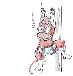 anthro biped bottomwear brown_body brown_fur brown_hair butt clothing countershade_face countershading cowgirl_boots cowgirl_outfit female fur gloves hair handwear humor micro pole shorts simple_background sliding solo sound_effects stripper stripper_pole white_background bedupolker mariella_mazatzal mammal mouse murid murine rodent 2025 hi_res traditional_media_(artwork)