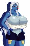 anthro anthrofied big_breasts bottomwear breasts cleavage clothed clothing female hair huge_breasts navel pokemorph red_eyes shadow shorts simple_background skimpy solo white_background white_hair deadpliss nintendo pokemon keiko_(deadpliss) generation_5_pokemon pokemon_(species) samurott 2016 hi_res