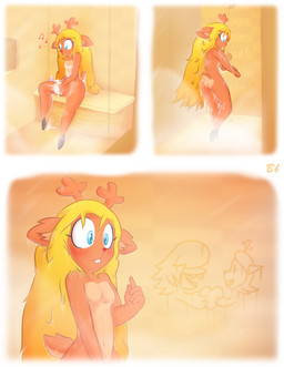antlers bathing blonde_hair blue_eyes blush breasts buckteeth butt faucet female freckles glass hair hooves horn long_hair musical_note musical_symbol navel nipples nude red_nose shower shower_drain shower_head sitting small_breasts smile soap solo standing steam symbol teeth water wet wet_body wet_hair bingbingo deltarune undertale_(series) noelle_holiday susie_(deltarune) deer mammal absurd_res comic hi_res signature