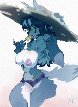 5_fingers anthro arm_tuft blue_body blue_fur blush blush_lines bottomwear claws clothed clothing clothing_pull denim denim_bottomwear denim_clothing denim_shorts dripping elbow_tuft eyelashes eyewear female female_anthro finger_claws fingers food fur glasses hair hat headgear headwear hotpants long_hair mature_anthro mature_female navel panty_lines popsicle popsicle_in_mouth popsicle_melting pose red_eyes round_glasses shorts simple_background sitting small_waist solo straw_hat tattoo tongue tongue_out topless topless_anthro topless_female topwear topwear_pull tuft wet white_body white_fur nixie01 canid mammal 2025 absurd_res detailed digital_drawing_(artwork) digital_media_(artwork) hi_res shaded watermark