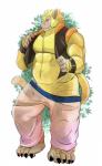 anthro clothing fur looking_at_viewer male muscular muscular_anthro muscular_male red_eyes simple_background smile solo undressing lucusold dragon_ball dragon_ball_z gogeta haplorhine mammal monkey oozaru primate absurd_res hi_res