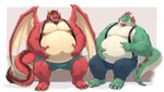 anthro belly belly_overhang big_belly big_muscles bottomwear clothing duo facial_hair green_body grin lag_(coolmuffin) male male/male musclegut muscular muscular_male navel pants pecs red_body shirtless slightly_chubby slightly_chubby_male smile suspenders tail thick_tail wings soul_nero mythology chili_(gargantuanchili) dragon mythological_creature mythological_scalie scalie hi_res