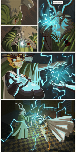 anthro armor awed blood blood_drip blood_on_hand blood_stain bodily_fluids bottomwear breasts brick brick_wall checkerboard_floor cheek_tuft clenched_teeth cloak close-up clothing comic_panel detailed_background dialogue dipstick_tail dripping duo ears_down electricity electricity_manipulation elemental_manipulation eyebrows eyewear facial_tuft fangs female frown fur furniture glasses grabbing_object grey_body grey_eyes grey_fur grimace high-angle_view high_collar holding_object horn inside leopard_spots lightning_bolt loincloth long_eyebrows magic magic_light magic_user male markings midriff opaque_glasses open_mouth orange_body orange_fur pivoted_ears pupils rear_view robe sculpture shadow shaggy_fur side_view slit_pupils speech_bubble spots sweat sweatdrop tail tail_markings teeth text tuft unconvincing_armor wall_(structure) wearing_glasses wraps yellow_body yellow_eyes yellow_fur hiverdose kurlan_(last_fables) lieren_(last_fables) bovid caprine felid goat leopard mammal markhor pantherine absurd_res comic digital_media_(artwork) english_text hi_res