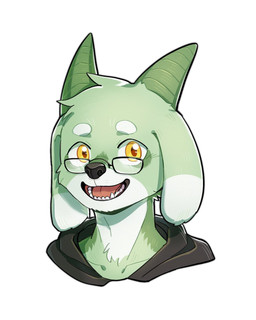 anthro black_clothing black_topwear blue_body blue_fur clothed clothing eyewear fangs floppy_ears front_view fur glasses glistening glistening_eyes green_horn horn light_body light_fur looking_at_viewer male open_mouth open_smile rectangular_glasses red_tongue simple_background smile solo teeth tongue topwear unsigned white_background white_body white_fur yellow_eyes asnnonaka takenoko_(asnnonaka) bovid caprine goat mammal 4:5 bust_portrait hi_res portrait