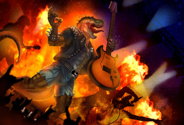 abs anthro biceps claws concert electric_guitar fire guitar male muscular muscular_anthro muscular_male musical_instrument pecs plucked_string_instrument scales sharp_teeth string_instrument teeth tongue tongue_out vein veiny_muscles gotikamaamakitog rocco_(tallion) dinosaur prehistoric_species reptile scalie theropod tyrannosaurid tyrannosauroid tyrannosaurus tyrannosaurus_rex hi_res