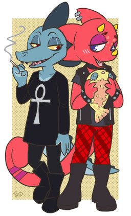 alternative_fashion anthro blush choker cigarette duo female goth jewelry male necklace plushie smoking tbid animal_crossing night_in_the_woods nintendo bea_santello flick_(animal_crossing) aquatic chameleon crocodile crocodilian fish lizard reptile scalie hi_res