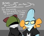 anthro blue_body clothing dialogue duo eyeliner makeup male open_mouth shirt simple_background t-shirt topwear 1upgobbo nintendo pokemon jesse_(1upgobbo) nah_(1upgobbo) generation_3_pokemon mudkip pokemon_(species) ralts 2024 hi_res