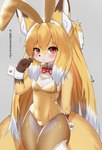 2_tails 5_fingers anthro blonde_hair blush bow_(feature) bow_in_front bow_tie brown_body brown_fur bunny_costume claws clothing costume dipstick_ears dipstick_tail ear_markings fake_ears fake_rabbit_ears feet female female_anthro finger_claws fingers flat_chested fur gloves_(marking) hair kemono leotard long_hair looking_at_viewer markings multi_tail multicolored_body multicolored_ears multicolored_fur multicolored_hair red_eyes shirt_collar shirt_cuffs solo tail tail_markings text toes twintails_(hairstyle) white_body white_fur white_hair yellow_body yellow_fur horokusa0519 nio_(horokusa) canid canine fox mammal 2023 digital_media_(artwork) hi_res japanese_text portrait three-quarter_portrait translated