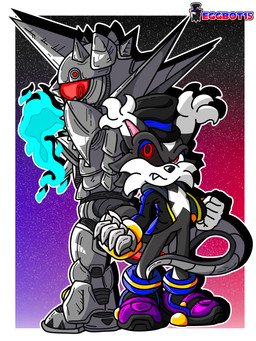 anthro clothing duo enemies hat headgear headwear machine male red_eyes robotic robotic_hand tail techno-corvix eggbot15 sega sonic_the_hedgehog_(series) 15_(eggbot15) fan_character darkling domestic_cat felid feline felis mammal robot 3:4 absurd_res digital_media_(artwork) hi_res