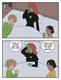 5_fingers bed bed_sheet bedding black_clothing black_dress blush blush_lines bodily_fluids bottle breasts breath brown_hair cleavage closed_smile clothed clothed_female clothed_human clothed_humanoid clothing container dialogue dress eyelashes eyes_closed female fingers furniture green_body green_clothing green_topwear group hair humanoid_pointy_ears lying lying_on_bed medium_comic mouth_closed on_back on_bed on_side pillow pointy_ears red_hair sleeping smile speech_bubble sweat sweaty_face text topwear trio yellow_clothing yellow_topwear bonnymama7 elphaba_(bonnymama7) human humanoid mammal 2025 absurd_res comic digital_drawing_(artwork) digital_media_(artwork) english_text half-length_portrait hi_res portrait
