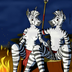 adolescent animal_genitalia anthro balls bodily_fluids bottomwear breasts casual_exposure clothing clothing_aside duo equine_genitalia erection female fire flared_penis genital_fluids genitals loincloth looking_at_genitalia looking_at_penis male male/female night penis precum savanna touching_penis tribal young confusedraven equid equine mammal zebra 1:1 absurd_res hi_res