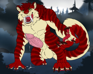 animal_genitalia animal_penis anthro balls big_balls big_fangs big_penis bodily_fluids brown_claws claws cum cum_on_ground cum_on_own_penis cum_on_penis cum_on_self erection fangs feline_genitalia feline_penis finger_claws front_view fur genital_fluids genitals green_eyes hair licking licking_lips licking_own_lips looking_at_viewer male male_anthro markings messy_hair nude open_mouth outside penis pink_penis pupils red_body red_fur red_hair red_tongue saliva saliva_string short_hair slit_pupils solo striped_arms striped_legs striped_markings striped_tail stripes tail tail_markings teeth tongue tongue_out yellow_balls yellow_body yellow_fur killthe_demon angel_(velvetvlade) felid mammal werecreature werefelid hi_res