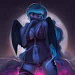 1:1 2016 anthro anthrofied babydoll big_breasts blue_body blue_feathers blue_hair blush breasts butt butt_from_the_front clothed clothing cutie_mark digital_media_(artwork) digital_painting_(artwork) equid equine feathered_wings feathers female friendship_is_magic full_moon hair hasbro hi_res horn long_hair mammal moon my_little_pony mythological_creature mythological_equine mythology nightgown nipple_outline one_eye_closed outside partially_visible_vulva photonoko princess_luna_(mlp) solo translucent translucent_clothing underwear winged_unicorn wings
