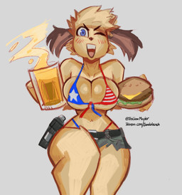 alcohol american_flag_bikini anthro beer beer_mug beverage big_breasts bikini blush bottomwear breasts burger cleavage clothed clothing female flag_bikini flag_swimwear food fur hotpants minishorts one_eye_closed shorts smile solo swimwear tan_body tan_fur text thick_thighs two-piece_swimsuit what wide_hips boxx_wrench molly_(boxx_wrench) canid canine canis domestic_dog mammal absurd_res english_text hi_res url