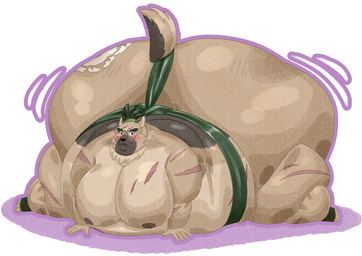 anthro asian_clothing belly big_belly big_butt big_moobs blush brown_nipples butt butt_tattoo clothing east_asian_clothing fur hair huge_butt hyper hyper_butt japanese_clothing male mawashi mawashi_only moobs motion_lines nipples obese obese_anthro obese_male overweight overweight_anthro overweight_male pantsless_male ponytail scar shirtless_male simple_background solo tan_body tan_fur tattoo thick_thighs white_background fatmimic lifewonders tokyo_afterschool_summoners yasuyori_(tas) canid mammal hi_res