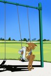 anthro bangs barefoot blonde_highlights blue_eyes blue_sky bottomwear breasts clothing detailed_background dumpster feet female grass highlights_(coloring) jacket jewelry necklace one_eye_obstructed outside paws plant sad shirt shorts sitting sitting_on_swing skinny sky small_breasts solo swing tank_top topwear tree white_clothing white_jacket white_sclera white_topwear yellow_clothing yellow_shirt yellow_tank_top yellow_topwear mauditeaffaire felid feline mammal hi_res