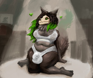 anthro biped black_body black_fur black_hair bone bra breasts bulge cleavage clothed clothing fluffy fluffy_tail fur green_hair grey_body grey_fur gynomorph hair heart_symbol intersex lingerie panties skull skull_head slightly_chubby slightly_chubby_gynomorph slightly_chubby_intersex solo tail underwear hotcoffeeguy1 nadilya_(heliocintrini) canid canine canis domestic_dog mammal monster skulldog_(species) hi_res