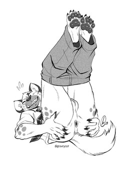 anthro anus balls bodily_fluids bottomwear bottomwear_down businesswear butt butt_grab clothed clothing feet foot_focus genitals half_clothed hand_on_butt male nervous nervous_smile nervous_sweat pants pants_down partially_clothed pawpads paws presenting presenting_anus raised_paw rear_view shirt smile solo spread_anus spreading sweat topwear gravewalker aggretsuko sanrio haida_(aggretsuko) hyena mammal monochrome