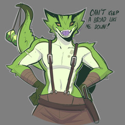 ambiguous_gender anthro bottomwear brown_bottomwear brown_clothing clothed clothed_anthro clothed_female clothing collarbone countershade_torso countershading dialogue female female_anthro flat_chested green_body green_tail grey_background hands_on_hips holster multicolored_body open_mouth pupils sharp_teeth simple_background slit_pupils solo suspenders tail teeth text wraps wrist_wraps conditional_dnp welwraith deadlock valve vyper_(deadlock) reptile scalie 2026 digital_drawing_(artwork) digital_media_(artwork) english_description english_text half-length_portrait portrait