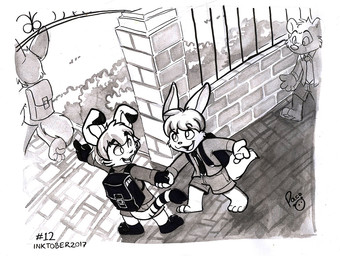 anthro backpack barefoot bottomwear clothed clothing feet fence group leg_markings logo male markings open_mouth open_smile outside plant school_uniform shorts shrub smile socks_(marking) standing uniform young young_anthro young_male pandapaco canid canine felid hybrid lagomorph leporid mammal procyonid rabbit raccoon 2017 artist_logo dated monochrome signature
