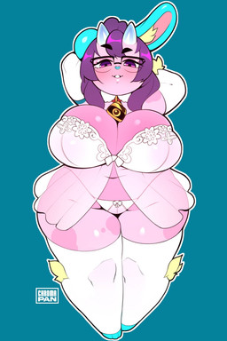 anthro big_breasts blush bra breasts chibi cleavage clothed clothing eyewear female glasses hair looking_at_viewer navel overweight overweight_anthro overweight_female panties pink_eyes purple_hair short_hair smile solo thick_thighs underwear white_bra white_clothing white_panties white_underwear chromapan bun_buns_(bun_buns) lagomorph leporid mammal rabbit 2023 2:3 hi_res
