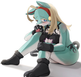 accessory anthro bell bell_collar big_breasts black_bra black_clothing black_footwear black_gloves black_handwear black_panties black_tail black_underwear blonde_eyebrows blonde_eyelashes blonde_hair blue_eyes bra breasts cat_keyhole_bra cat_lingerie claws cleavage cleavage_cutout clothed clothed_anthro clothed_female clothing collar cutout eyebrows eyelashes fake_tail female female_anthro footwear gloves hair hair_accessory hairband handpaw handwear kemono keyhole_bra keyhole_clothing keyhole_underwear lingerie looking_aside multicolored_body multicolored_skin panties paw_gloves paws pupils red_hairband red_inner_ear shadow side-tie_panties simple_background sitting snout solo swimwear tail teal_body teal_ears teal_skin thick_thighs toe_claws two-piece_swimsuit two_tone_body two_tone_skin underwear white_background white_body white_sclera white_skin yenamika my_hero_academia ippan_josei mammal quirked_human_(my_hero_academia) 2025 absurd_res digital_media_(artwork) full-length_portrait hi_res portrait shaded