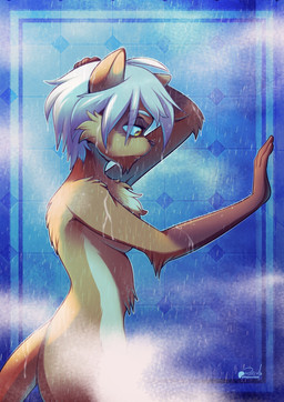 anthro blue_background blue_hair brown_body brown_fur facial_markings fur gloves_(marking) hair hand_on_head head_markings looking_down male markings mask_(marking) nude short_hair shower side_view simple_background solo tail yellow_eyes vaporotem domestic_ferret mammal mustelid musteline true_musteline weasel 2025 digital_media_(artwork) hi_res